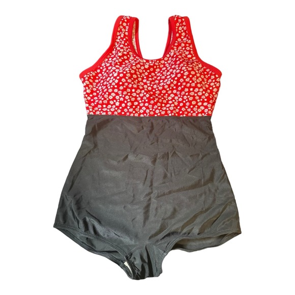 Vintage Swimsuit One Piece Red Floral with Black Bottom Nylon/Spandex - Picture 1 of 3